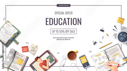 Banner with study supplies for Studying, education, learning, back to school, student, stationery. Vector illustration for poster, banner, flyer, advertising.