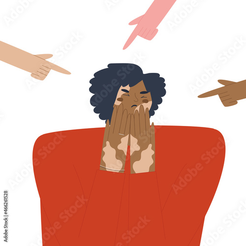 A sad and frightened young dark-skinned woman surrounded by hands with her index fingers pointed at her. Victim of accusation and public censure. Flat Vector.