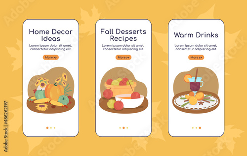Autumnal composition onboarding mobile app screen flat vector template. Walkthrough website 3 steps with characters. Creative UX, UI, GUI smartphone cartoon interface, case prints set