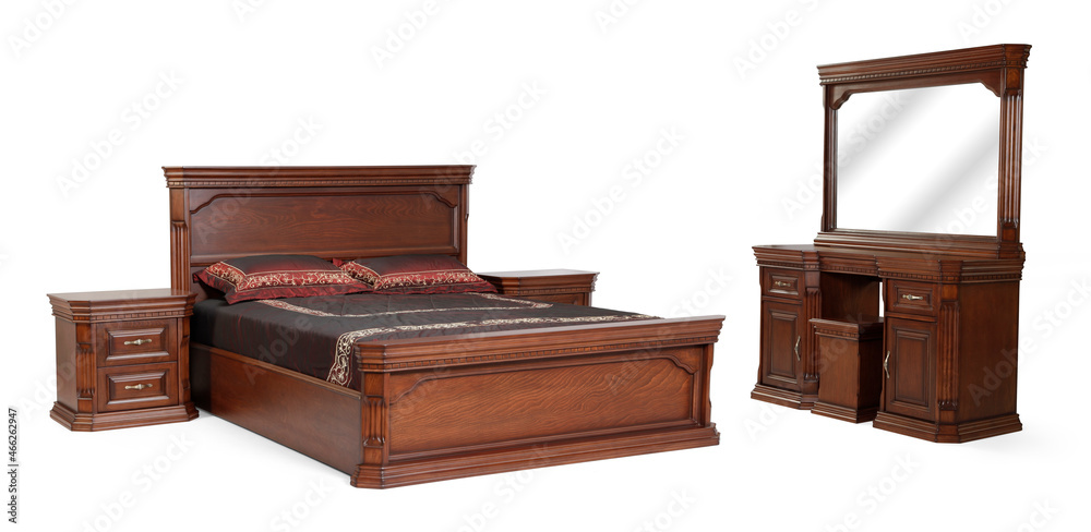 classic bed with mirrored dressing table isolated on white background . classic bed with mirrored dressing table isolated on white background .