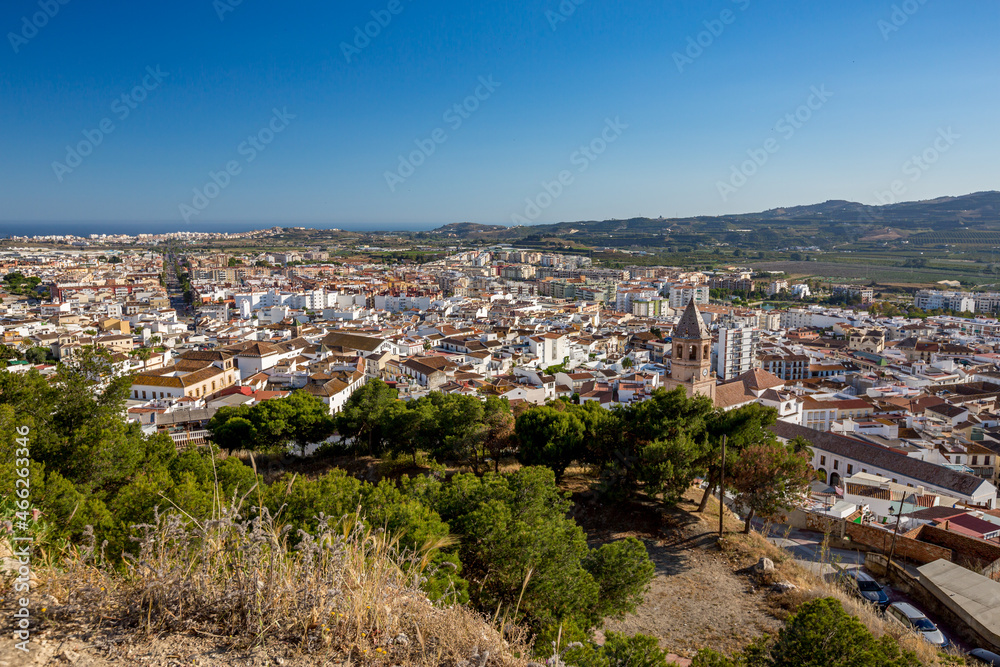 Scenery spring sunny day evening view from the Fortress of Velez-Malaga with clear blue cloudless sky over Andalusia, Spain