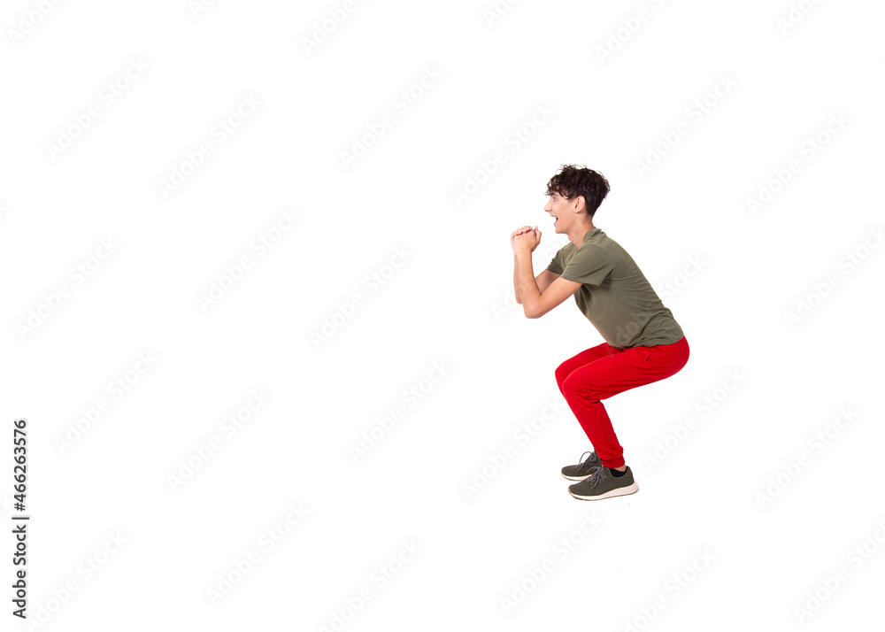 Young funny student is engaged in fitness.