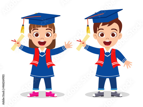 Cute beautiful kid boy and girl character waring graduate outfit with hat and holding certificate award and standing waving isolated