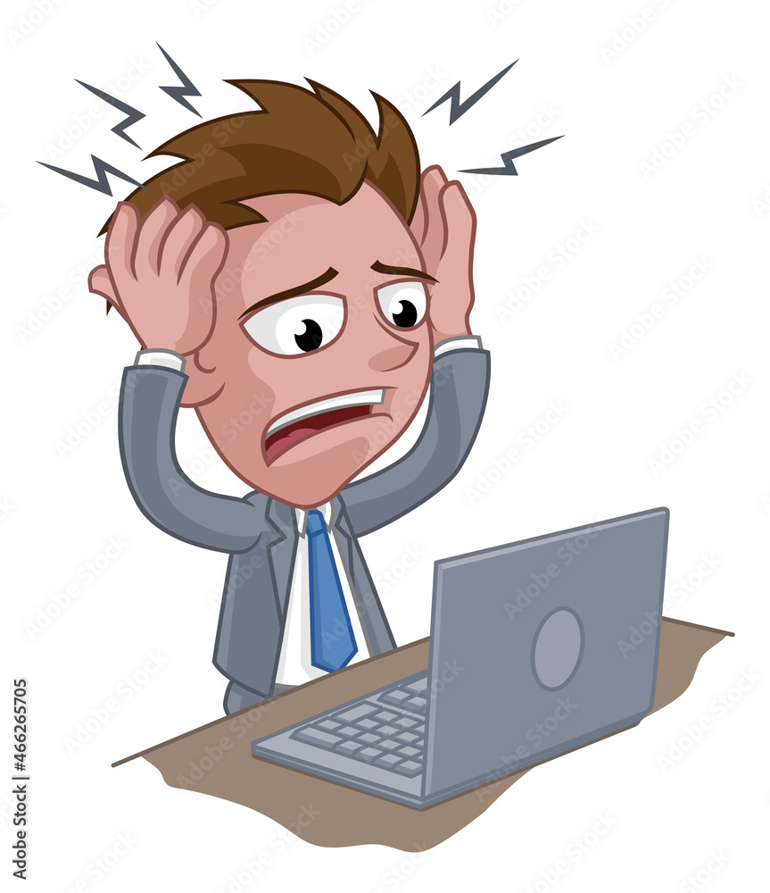 Stressed Business Man In Suit With Laptop Cartoon Stressed Business Man In Suit With Laptop Cartoon