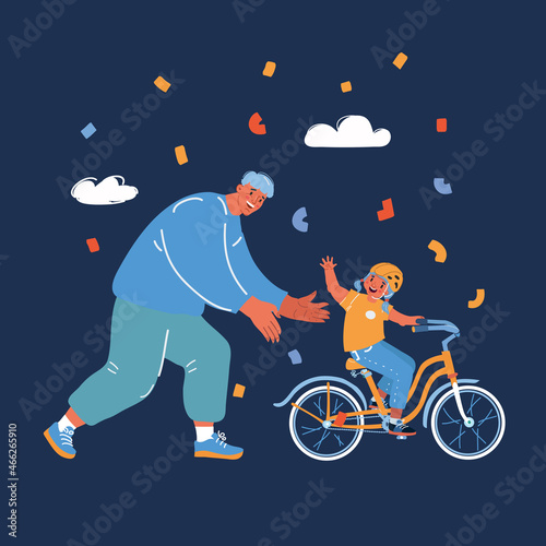 Vector illustration of Happy caring father teaching his small young pretty daughter riding a bicycle over dark backround.