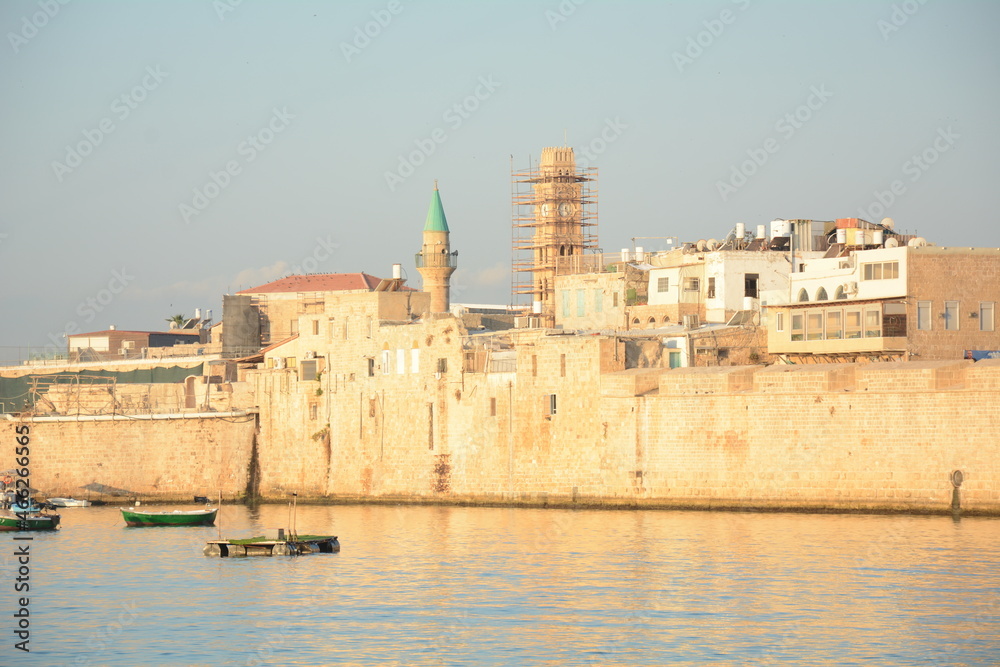 Acre city fortress and harbor. Unesco heritage. Early morning, the fortification of the old city Akko, Israel