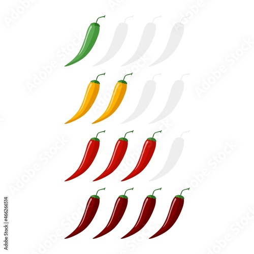Spicy chilli pepper on the rise heat isolated on white background. Sticker different colors for menu restaurant in flat style.