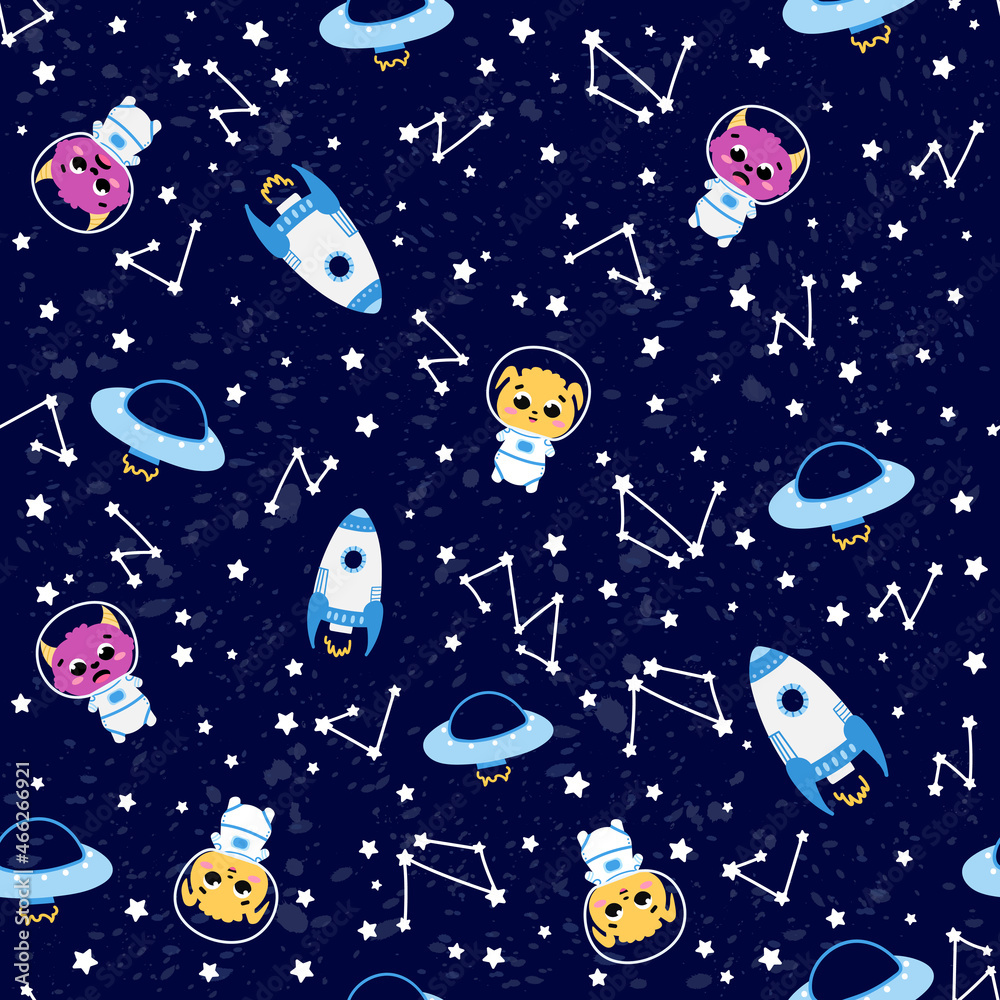Galaxy adventure with cute fluffy alien monsters, flying ufo and spaceships, stars and constellations, seamless pattern for kids with outer space theme on dark background Galaxy adventure with cute fluffy alien monsters, flying ufo and spaceships, stars and constellations, seamless pattern for kids with outer space theme on dark background