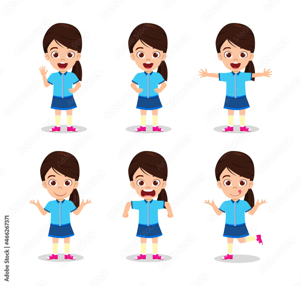 Cute beautiful kid girl character wearing beautiful outfit and doing different action activity with different facial expressions and emotions waving posing jumping angry