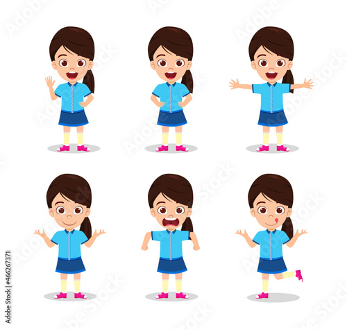 Cute beautiful kid girl character wearing beautiful outfit and doing different action activity with different facial expressions and emotions waving posing jumping angry © iconic_works