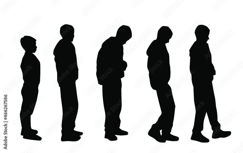 Vector silhouettes of teenagers standing and walking, profile, black color, isolated on white background