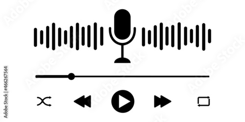 Podcast player interface with microphone, sound wave, loading progress bar and buttons. Simple audio player panel template for mobile app. Vector graphic illustration.