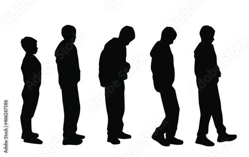 Vector silhouettes of teenagers standing and walking  profile  black color  isolated on white background