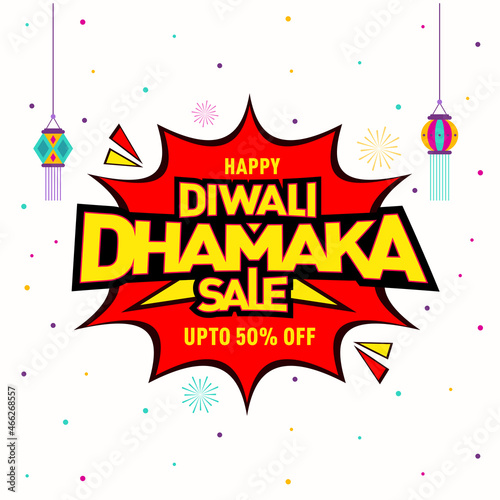 Diwali Dhamaka Sale Offer Diwali Template, Banner, Logo Design, diwali lamp, Poster, Unit, Label, Web Header, Vector, illustration, Tag, Diwali Celebration background, Sign, Symbol, 50% Off