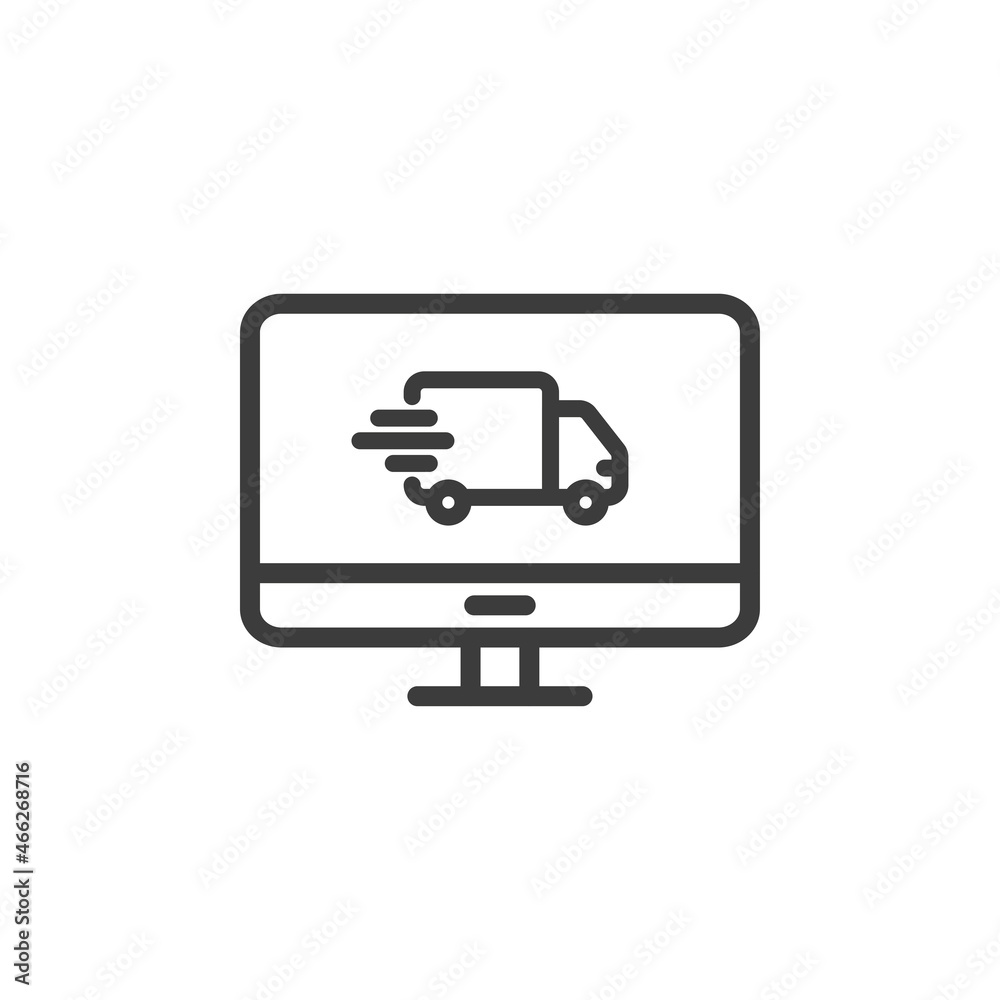 Desktop computer with delivery van icon. Parcel tracking app concept. Desktop computer with delivery van icon. Parcel tracking app concept.