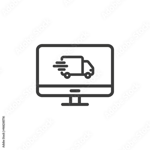 Desktop computer with delivery van icon. Parcel tracking app concept.