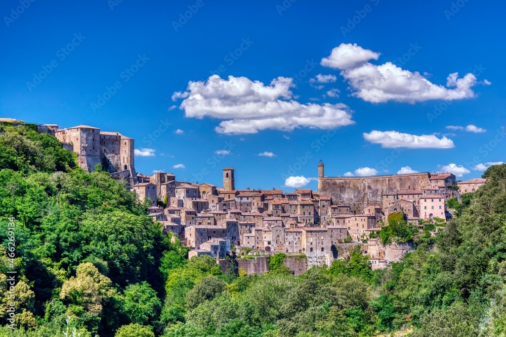 Historic town Sorano with old tradition buildings. Old small town in the Province of Grosseto, Italy.