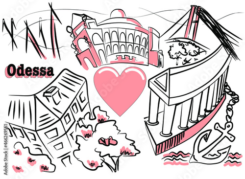 Vector postcard from Odessa with love. The main showplaces in Ukraine