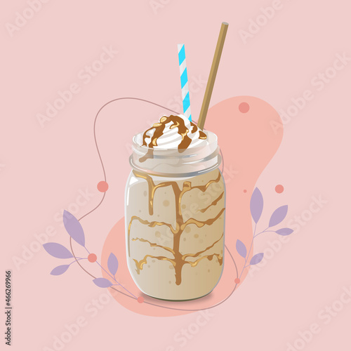 illustration of honey drink with cream in volumetric style  with decoration elements .