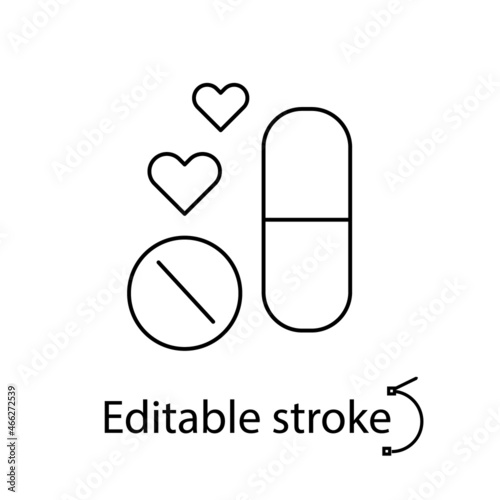 Pills for potency and pheromones outline icon. Sex shop pharmacology. Editable stroke. Isolated vector illustration