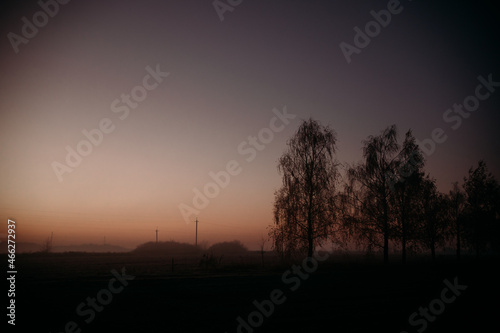 dawn in a quiet countryside. foggy autumn morning.
