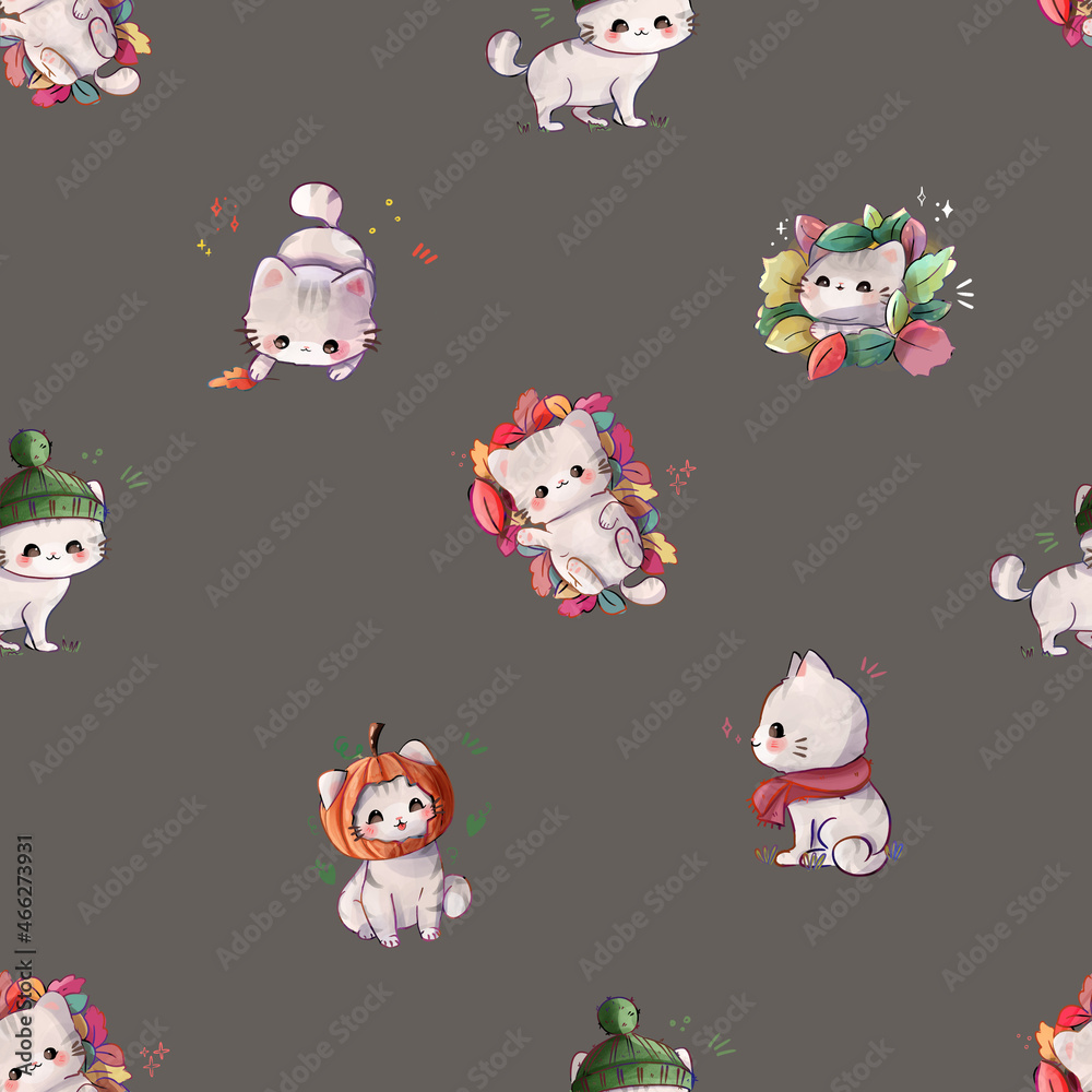Kawaii kitten seamless pattern