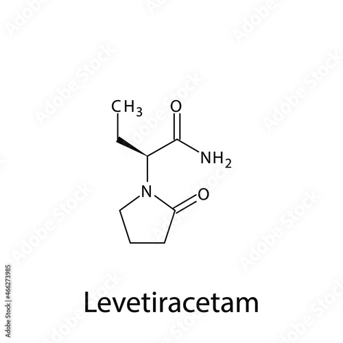 Levetriacetam molecular structure, flat skeletal chemical formula. Anti convulsant drug used to treat Epilepsy, seizure. 
