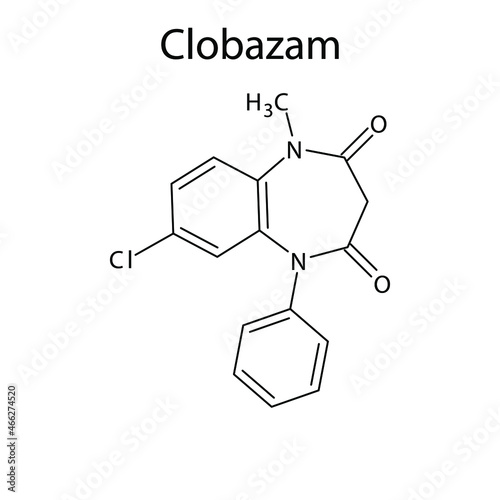 Clobazam molecular structure, flat skeletal chemical formula. Benzodiazepine  drug used to treat Epilepsy, seizure. 