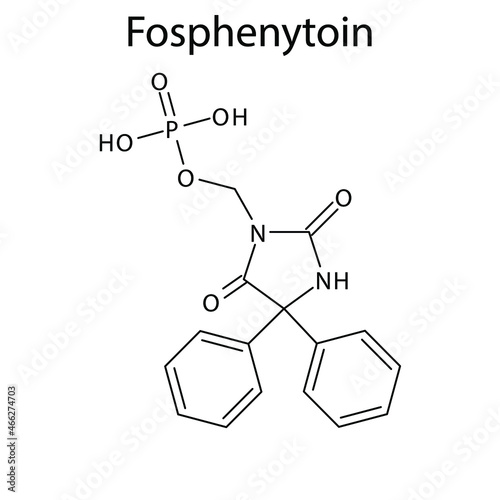 Fosphenytoin molecular structure, flat skeletal chemical formula. Anti convulsant drug used to treat Epilepsy, seizure. 