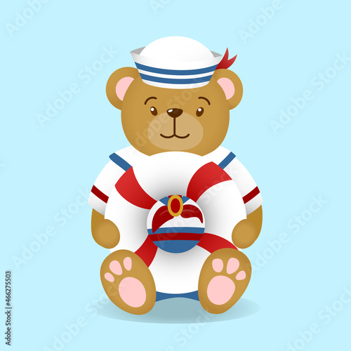 cute teddy bear wearing sailor uniform costume holding lifebuoy