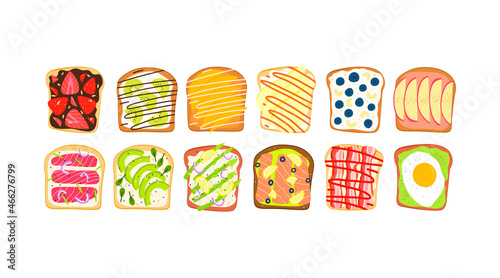 A large cartoon set of morning sandwiches or snacks with various ingredients such as fruits, berries, fish, scrambled eggs, avocado, cream cheese, nut and chocolate paste. White background.