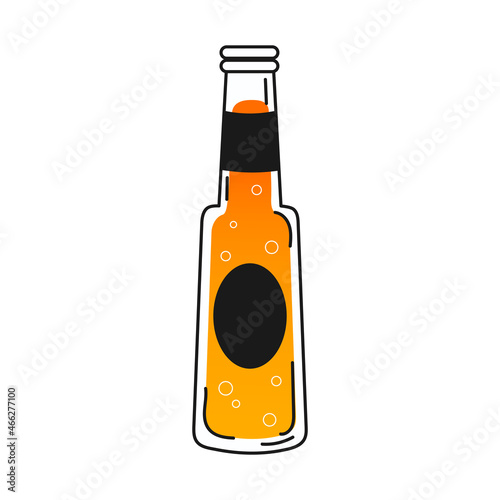 Beer bottle in hand drawn style with bublles on white background, breewery element in black and yellow colours, cartoon style clip art for beer party, icon for alcohol photo