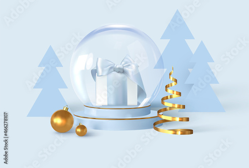 Abstract minimal mockup scene. Snow globe with a gift, podium for show product display. New Year's, Christmas composition. Stage pedestal or platform. Realistic vector illustration	