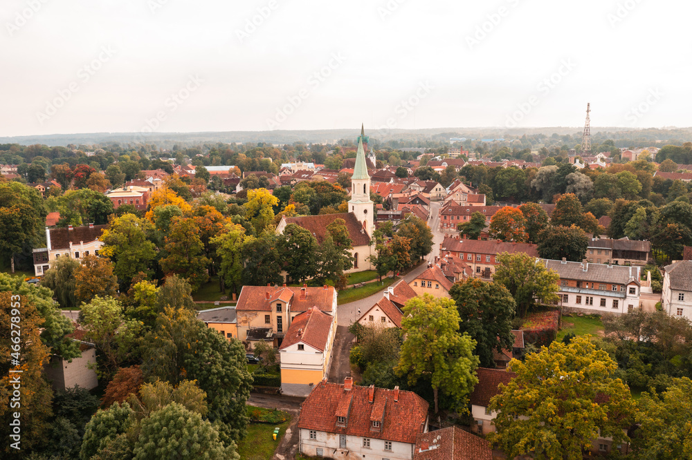 Latvia, Latvija, Kuldiga, Kuldīga - Autumn city skyline. Overcast day.