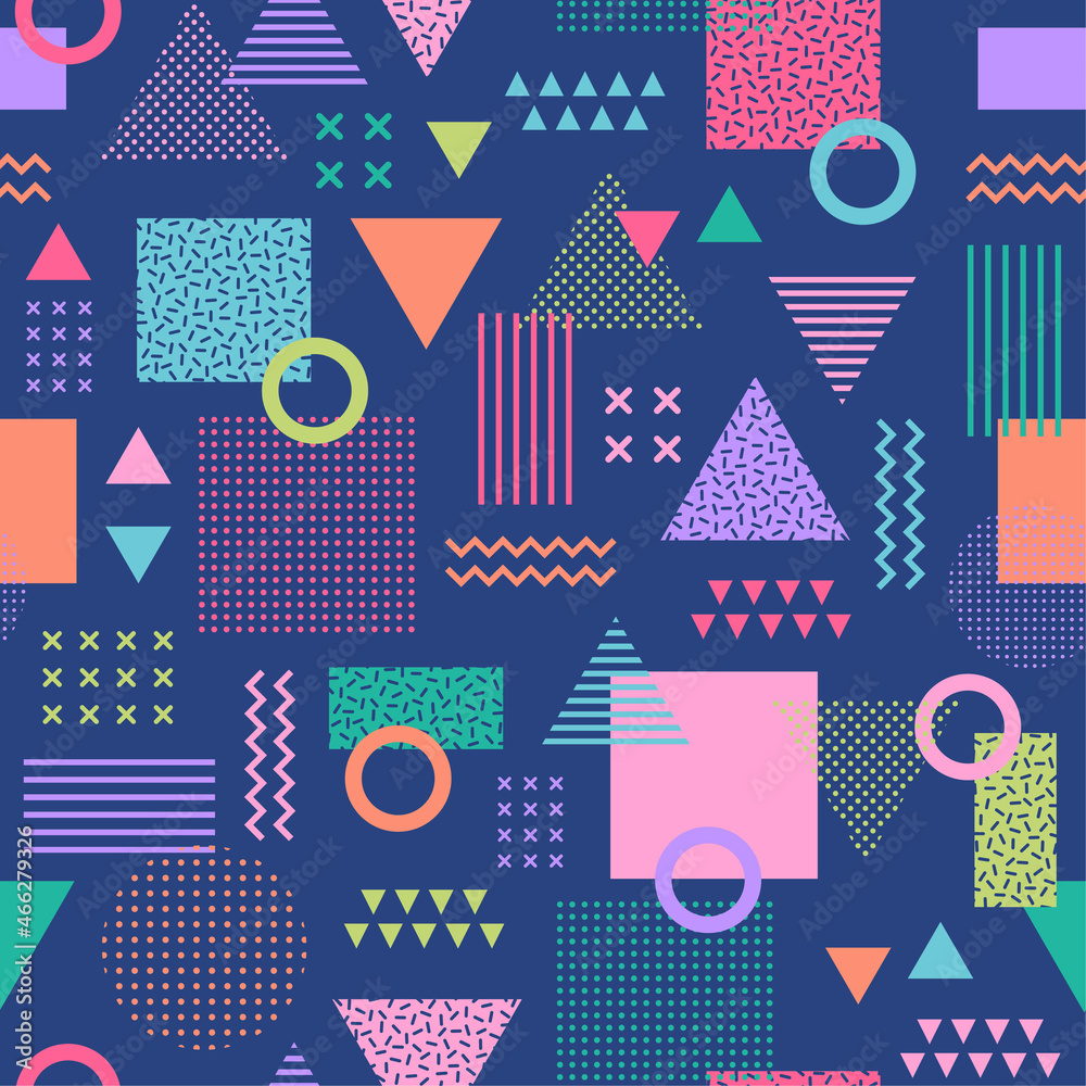 Obraz premium Colorful geometric seamless pattern background in Memphis style.