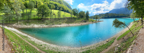 Panoramic view of Lake Tenno in Trentino. Northern Italy, Europe.