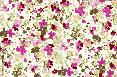 Seamless tile of floral print/design at life-size scale for fabric and textile printing. Easy to edit and recolor for your fashion, interior, and design projects.