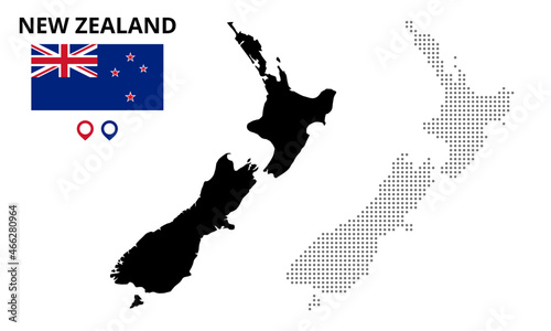 Map of new zealand silhouette. New zealand map dotted. New zealand flag