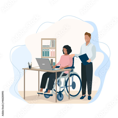 Disabled girl in a wheelchair works at a laptop in the office. Rehabilitation and adaptation of people with disabilities vector illustration for card, flyer or poster.