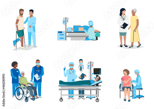 Set vector illustration doctor and patient isolated on white background. The doctor and the nurse are helping the patient. Thanks to the doctors for saving lives.