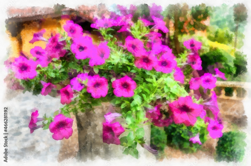 purple and white trumpet flower watercolor style illustration impressionist painting.
