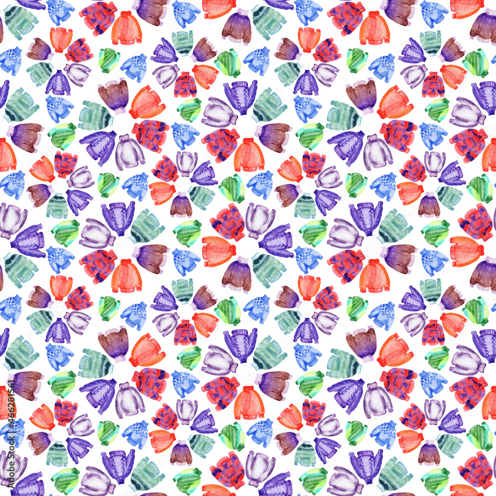 Fototapeta premium Watercolor seamless pattern with knitted multicolored sweaters