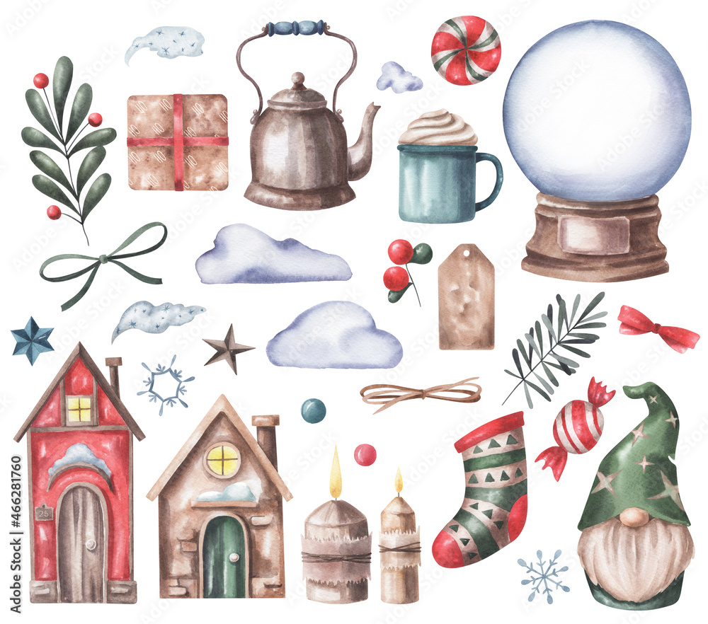 Christmas set on transparent background. Design for wrapping paper and textile.