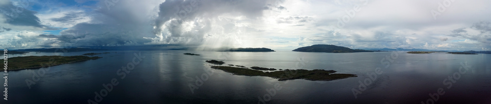 Aerial view of the Sound of Jura, Corryvreckan and the isles around Dorus Mor, from near the point of Craignish, Scotland