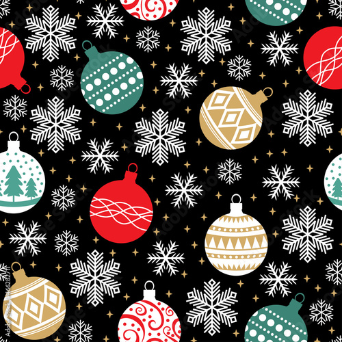 Christmas pattern seamless with decorative baubles balls and snowflakes