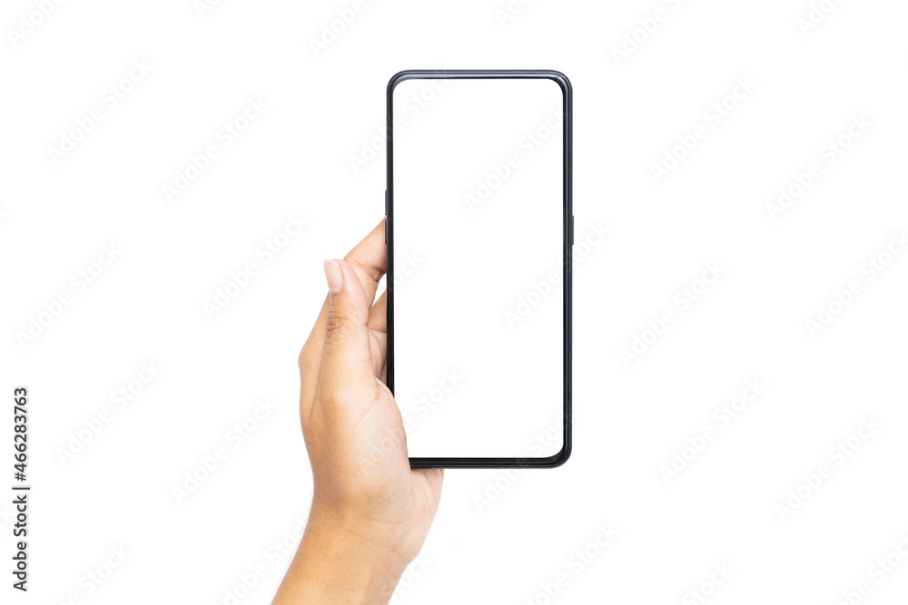 Woman hand holding the black smartphone with blank screen and modern frameless design isolated on white background Woman hand holding the black smartphone with blank screen and modern frameless design isolated on white background