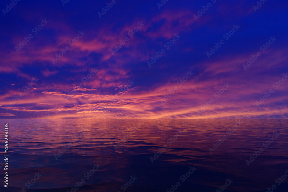 Seascape under a bright purple evening sky