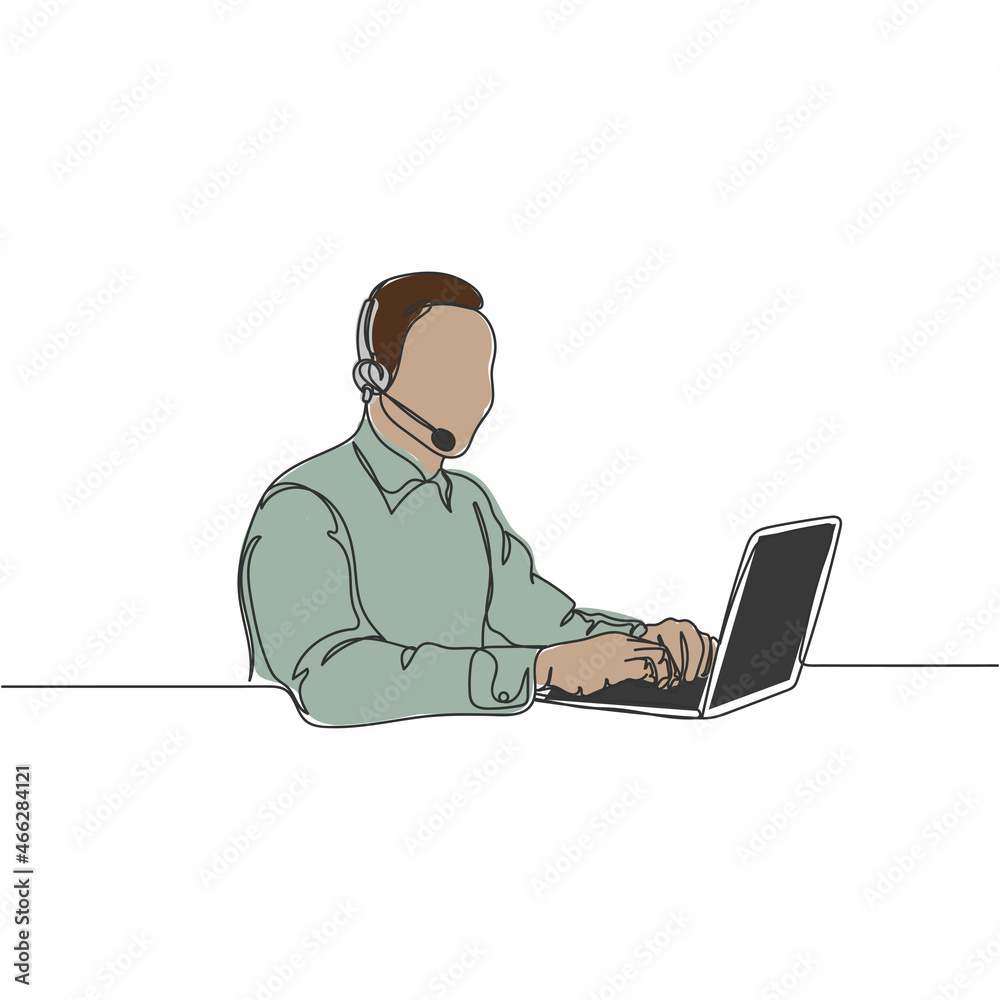 Vector continuous one single line drawing icon of beautiful business man at work via video call using laptop in silhouette on a white background. Linear stylized.