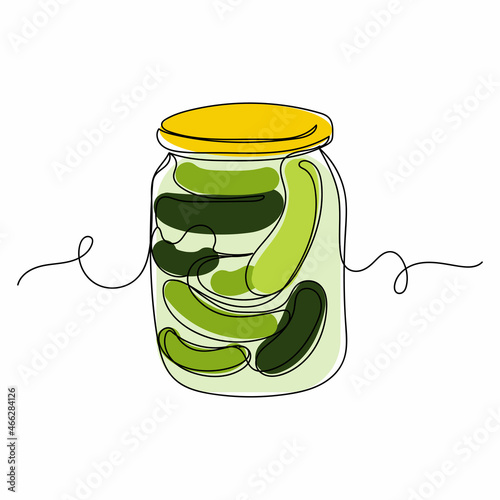 Vector continuous one single line drawing icon of glass jar with pickles in silhouette on a white background. Linear stylized.