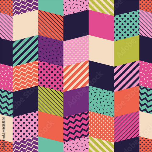 Colorful geometric seamless pattern background in Memphis retro style.